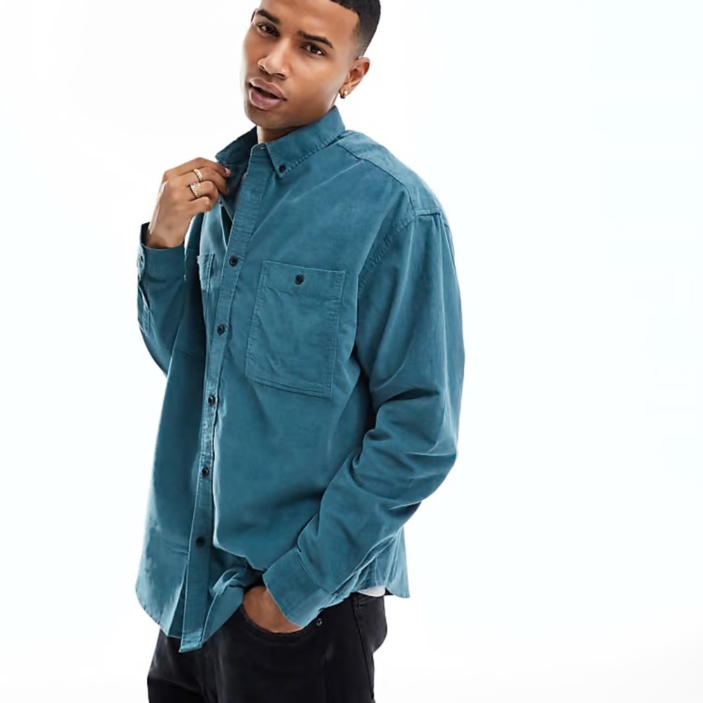 (A9) ASOS Design 90s Oversized Teal Green Corduroy Button Up Street Shirt M 40